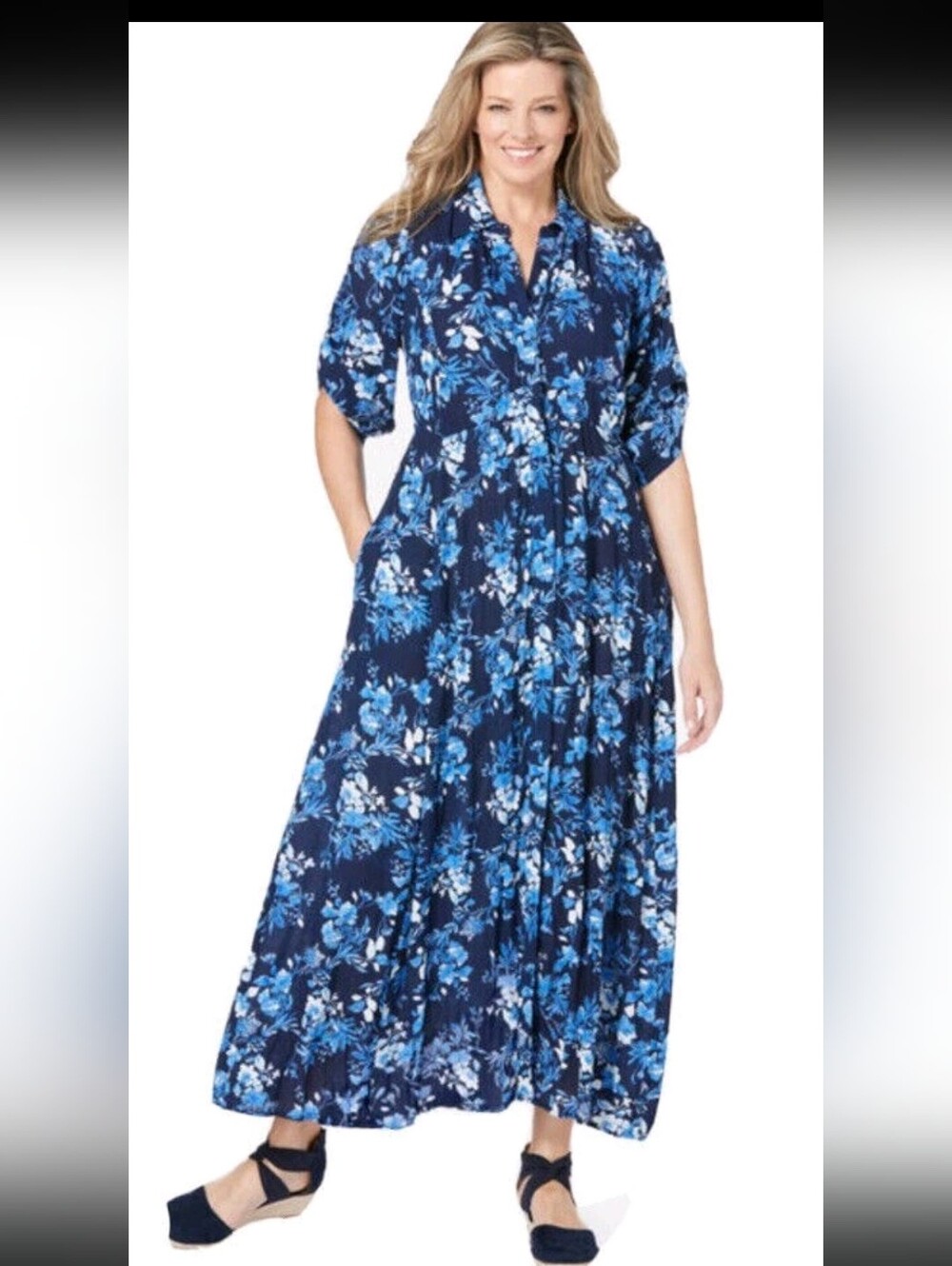 Woman Within Women's A-line maxi dress  floral blue size 24W 3/4 sleeves Boho
